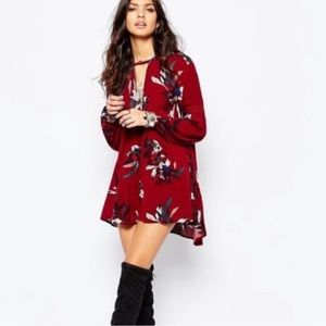 FREE PEOPLE Tree Swing Tunic Top Blouse Shirt Mini Dress Floral Burgundy Red